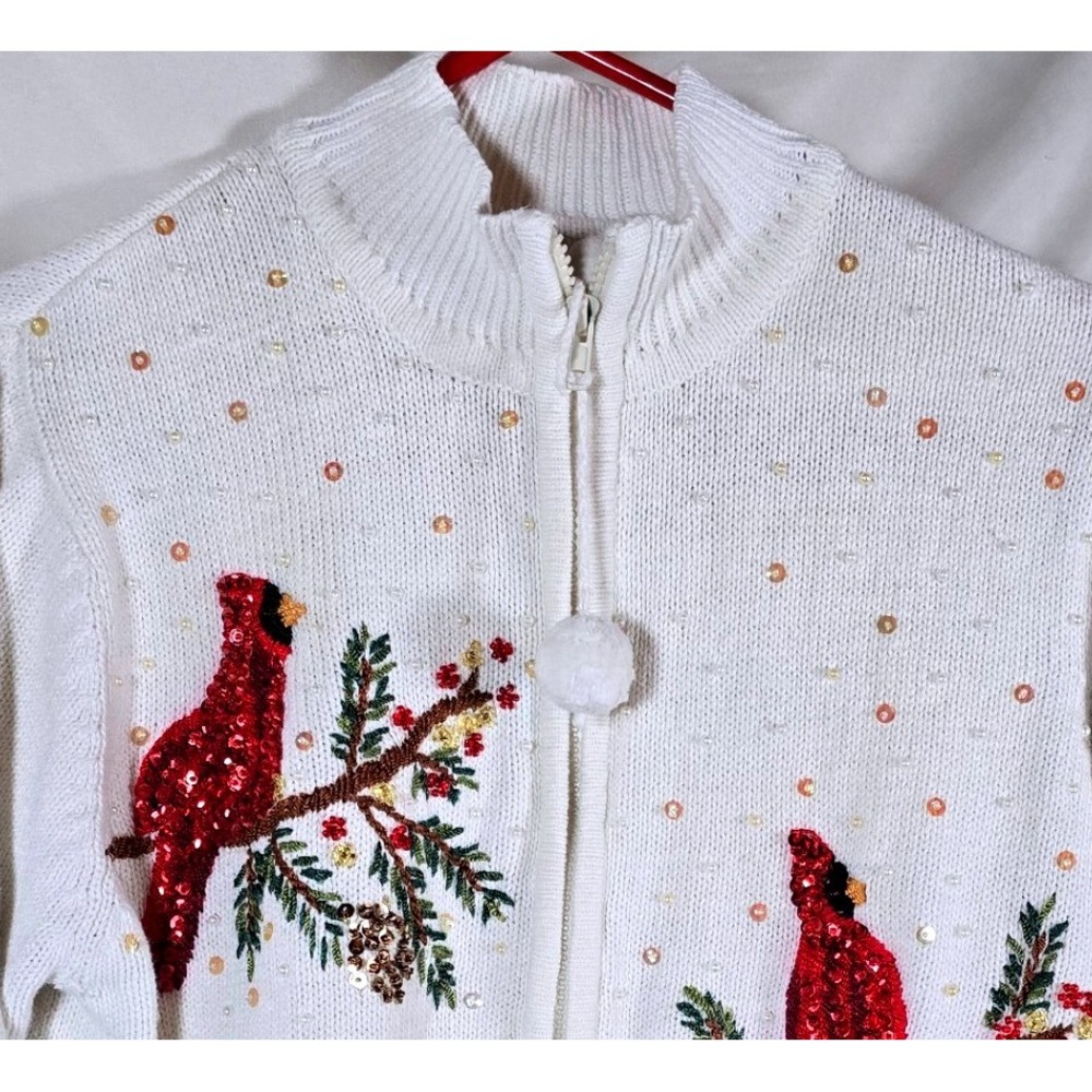 Vintage Quaker Factory Cardinal Sequin‎ Embroidered Zipper White LS Sweater  M